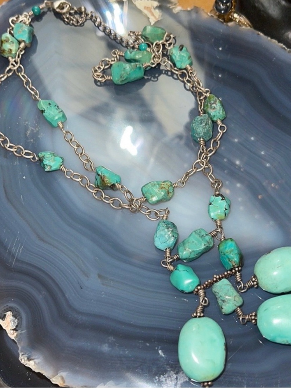 Artisan Organic Sterling Silver Turquoise 2 Strand Necklace - Picture 3 of 6